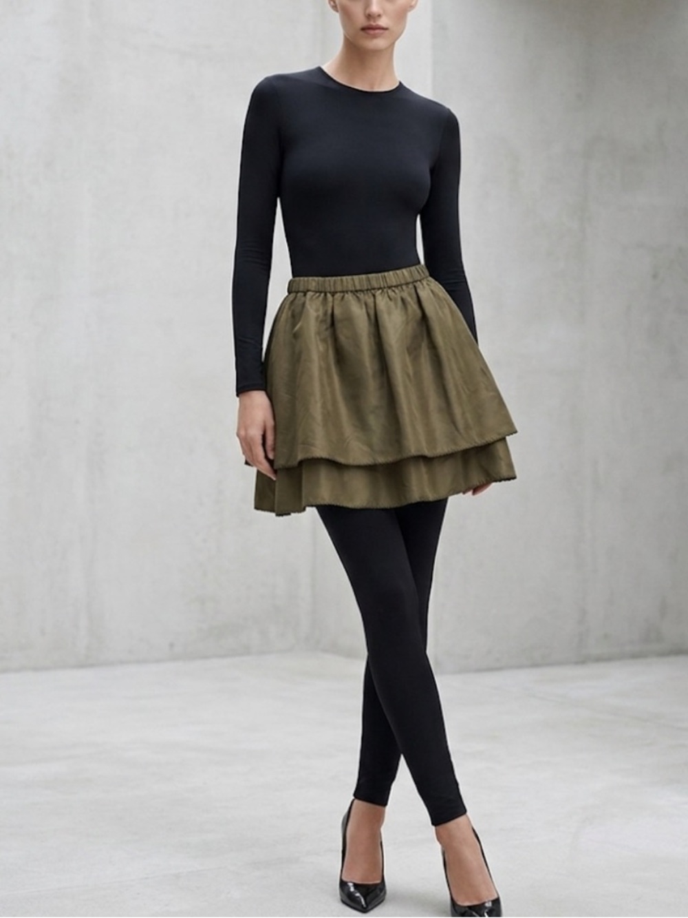 Odille Skirt L Olive Green Silk Tiered Mini Pockets Elastic Waist Pull On